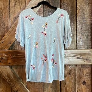 Short sleeve grey too with ruffled sleeves and embroidered flowers